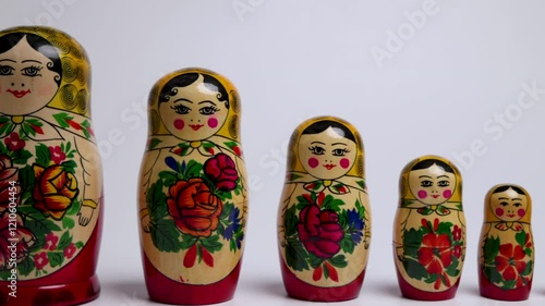 Russian Nesting Dolls on a White Background Panning Right