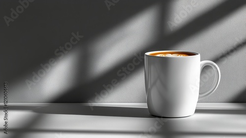 Simple white coffee cup on a wooden table near a window with natural light