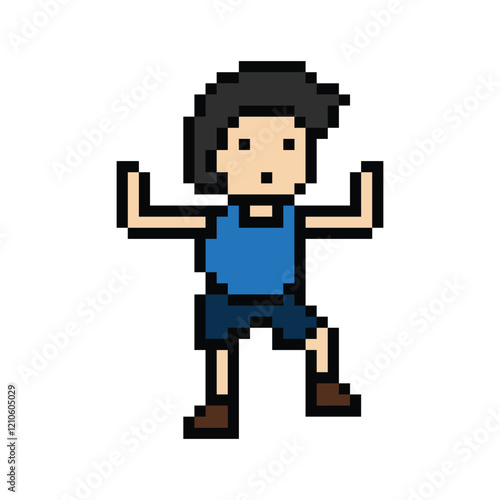 Cute cartoon pixel character cute man exercises training aerobic dance lifestyle music decoration life style 8 bit male boy dance with music game 8bit fitness isolated PNG vector.