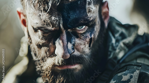 Rugged man in camouflage and face paint, with a steely look of determination, embodying the spirit of adventure