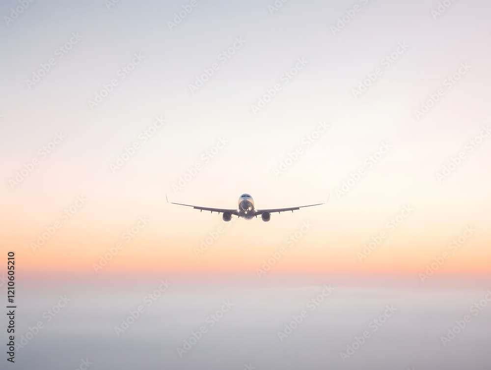 Airplane in flight above clouds at sunset with clear sky horizon : Generative AI Airplane in flight above clouds at sunset with clear sky horizon : Generative AI