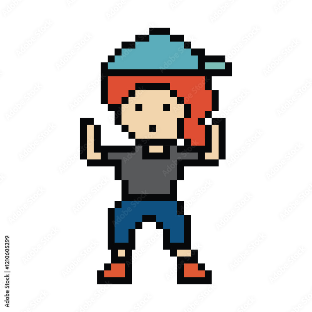 Fototapeta premium Cartoon pixel character cute woman exercises training dance lifestyle music decoration life style 8 bit female girl dance with music game 8bit fitness isolated PNG vector.