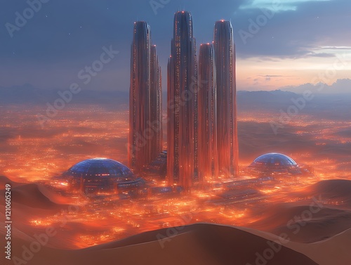 Futuristic city in desert at sunset.