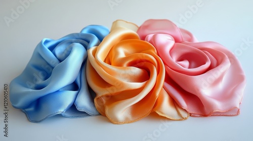 Colorful satin ribbons arranged beautifully in soft folds on a neutral backgr...