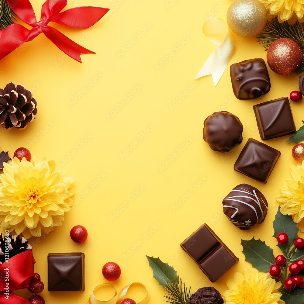 Festive Christmas Banner Template with Chocolate Ribbon and Floral Elements on Yellow Pastel Background Festive Christmas Banner Template with Chocolate Ribbon and Floral Elements on Yellow Pastel Background