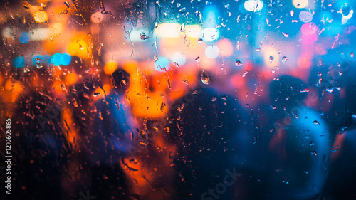 Raindrops on a glass window of a busy bar with colorful lights.