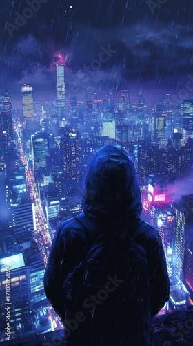 Mysterious figure overlooking a vibrant city at night during rain