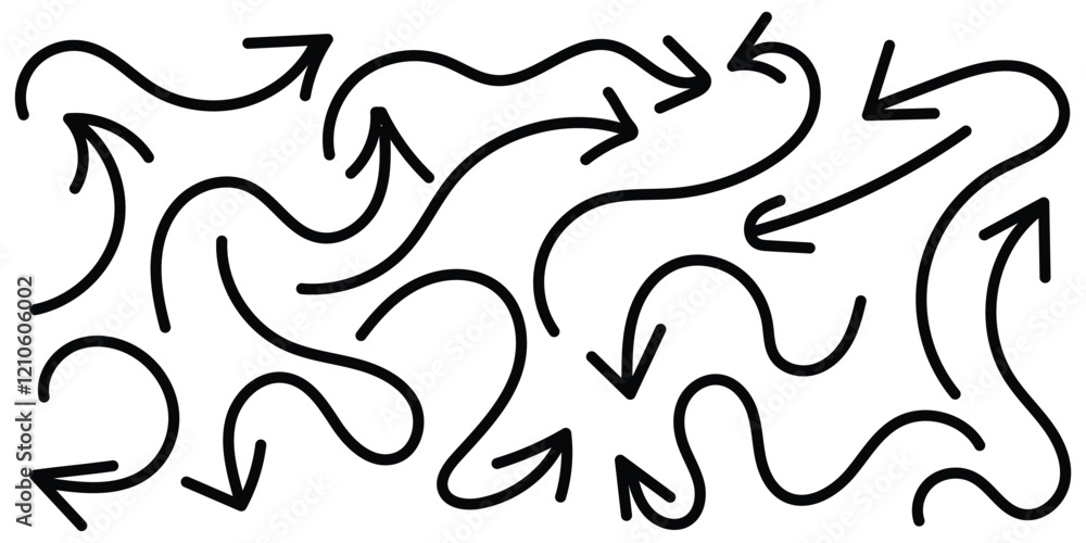 Collection of curved arrows. Set simple curved hand drawn arrows. Black set of doodle arrows pointers. Vector illustrator Collection of curved arrows. Set simple curved hand drawn arrows. Black set of doodle arrows pointers. Vector illustrator