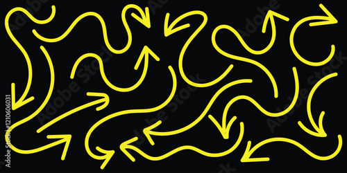 Set of simple of hand drawn black arrows. Various of simple lines arrows collection. yellow drawn arrows brush stroke curly arrow vector illustrator.