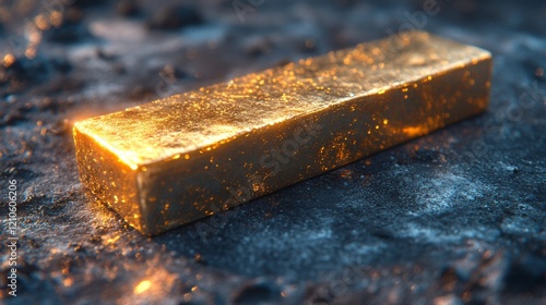 Gold bar shining under sunlight on a marble surface, highlighting its reflect...
