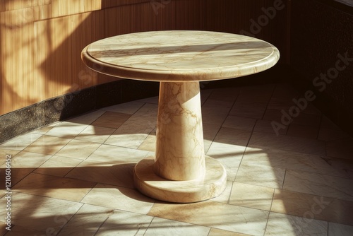Modern round marble table showcased in minimalist living room setting with na...