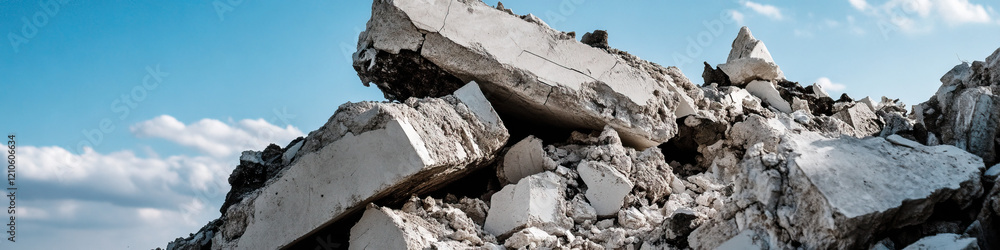 Fototapeta premium Pile of Broken Concrete Rubble under Blue Sky