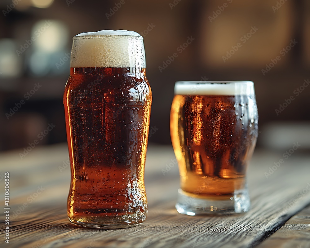 Two glasses of beer on a wooden table. Two glasses of beer on a wooden table.