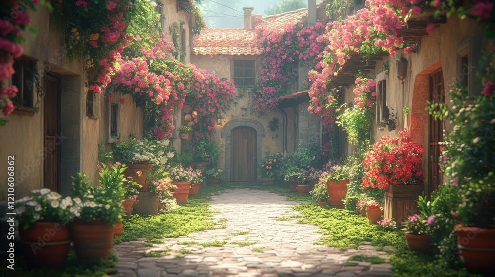 Fototapeta premium Flower-draped alleyway, Italian village, morning sun, peaceful scene, travel poster