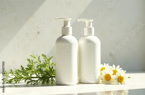 Mockup of white unlabeled shampoo and conditioner jars in different shapes and sizes on a light white neutral background. Mockup for manufacturers and sellers of hair care cosmetics