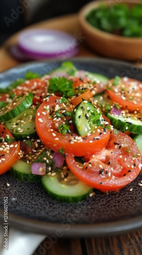 Fresh cucumber and tomato salad with herbs and sesame seeds served in a rusti...