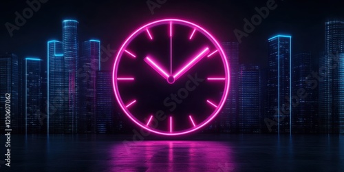 Glowing neon clock against futuristic cityscape at night photo