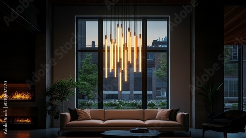 Modern indoor space featuring a sleek light fixture and vibrant greenery duri...