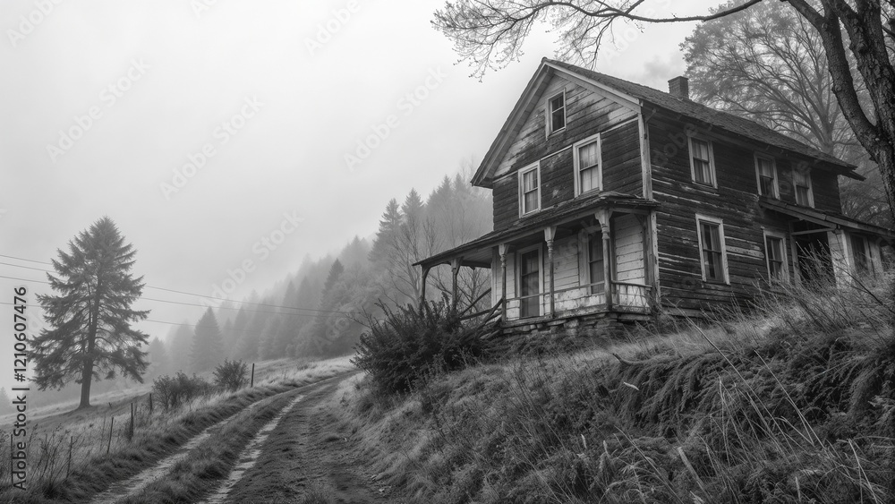Abandoned farmhouse in foggy landscape, black and white, with overgrown grass and trees
Abandoned farmhouse in foggy landscape, black and white, with overgrown grass and trees