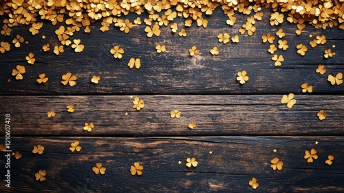 Golden flowers scattered on wooden surface reflecting warm sunlight at sunset