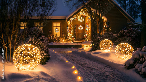 Setting up outdoor Christmas lights on a snowy front yard, with glowing decorations and a warm, festive ambiance