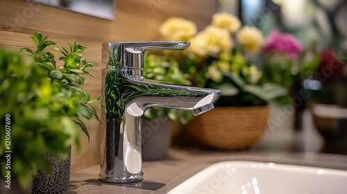 Elegant bathroom sink with modern fixtures and fresh floral arrangements