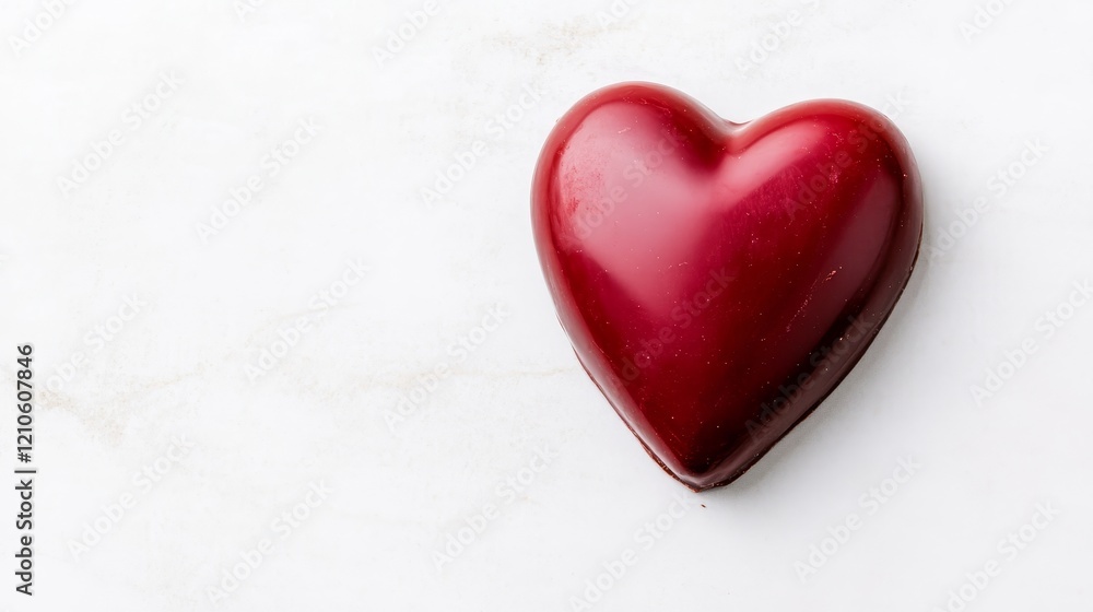 Fototapeta premium Red Heart Shaped Chocolate Candy - Single red heart-shaped chocolate candy on white marble background. Perfect for Valentine's Day or romantic occasions.