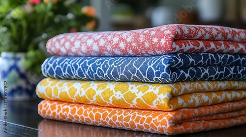 Brightly colored floral towels neatly arranged on a black wooden table in a s...