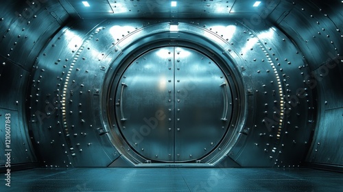 Futuristic metallic chamber with luminous blue lights and intricate design at...