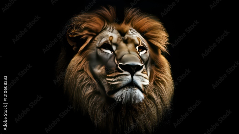 Fototapeta premium Majestic lion portrait against a black background. (1)