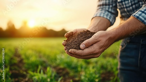 Demonstrating soil health in a rural field at sunset while practicing sustainable agricultural techniques for better crop yield photo