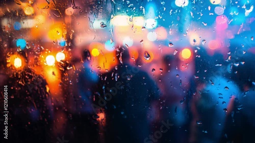 Raindrops on a glass window of a busy bar with colorful lights.