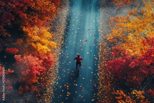 Vibrant autumn leaves blanket the road as a cyclist rides through a scenic fa...