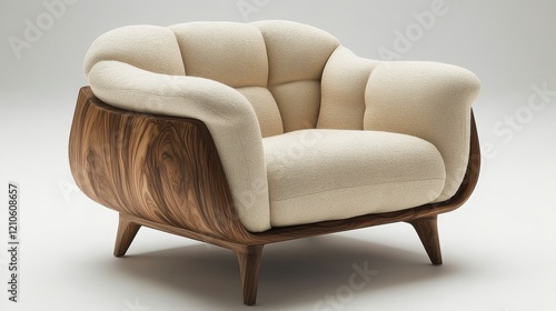 Stylish armchair with wooden frame in light fabric suitable for modern living...
