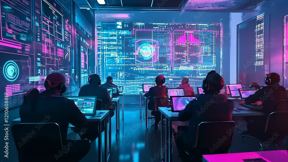 Futuristic office with neon lighting and digital screens in use. Futuristic office with neon lighting and digital screens in use.