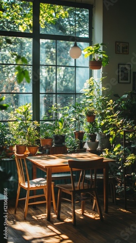 Cozy indoor garden with plants in pots and natural light streaming through th...