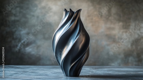 Elegant black vase with swirling design displayed on a textured gray surface
