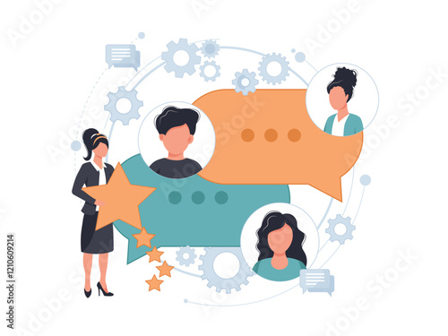 Feedback concept, clients choosing satisfaction rating and leaving positive review. Flat vector illustration