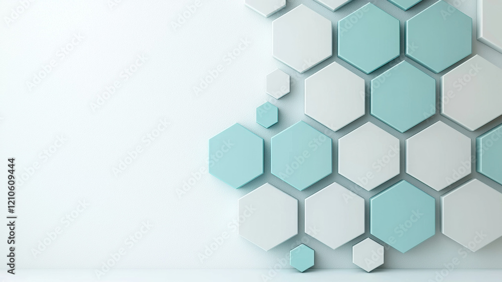 Hexagonal teal and white 3D shapes on minimalist wall Hexagonal teal and white 3D shapes on minimalist wall