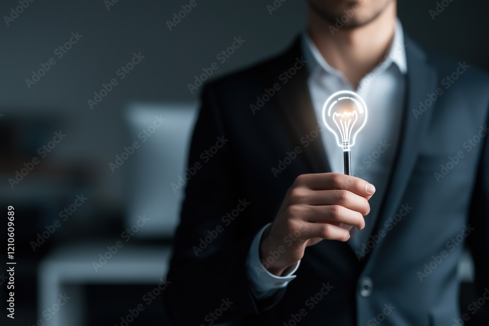 Businessman holding a glowing light bulb in a dark office environment. Concept of innovation and creative solutions. Businessman holding a glowing light bulb in a dark office environment. Concept of innovation and creative solutions.