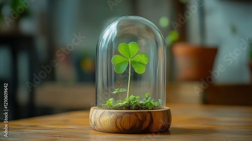 Unique glass dome showcasing a four-leaf clover resting on moss in a wooden base