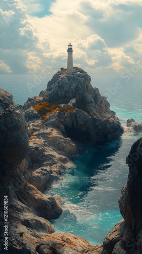 Lighthouse on a rocky island surrounded by turquoise waters and majestic moun...