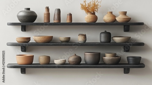 Beautiful collection of handmade pottery displayed on wooden shelves in a min...
