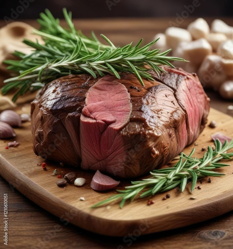 Aged beef roast with a fragrant rosemary and garlic bundle tied around it , cooking, beef roast, aged
