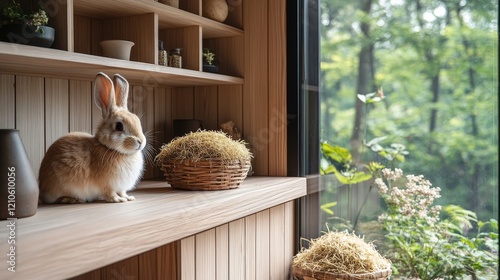Cute rabbit resting on a wooden shelf in a cozy home with a view of greenery ...