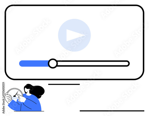 Large video player with play button and progress slider. Person analyzing charts in bottom corner. Ideal for streaming, media control, digital learning, UX design, user habits, content creation