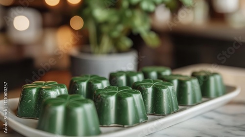 Delightful green and brown chocolates shaped like clovers arranged on a tray ...