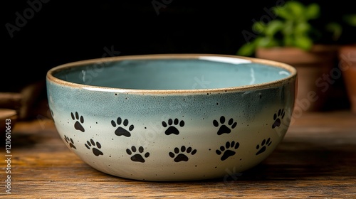 Unique ceramic bowl with paw print designs on wooden table in a cozy indoor s...