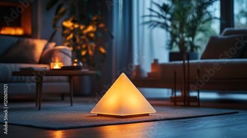 Soft orange light emanates from a unique pyramid sculpture in a serene living...