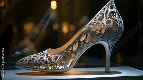 Stylish wooden high heel shoe with intricate cutouts showcasing light effects